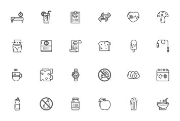 Diet and Nutrition icon set. Healthy lifestyle vector icons. Includes symbols for apple, pizza, dumbbell, smartwatch, water bottle, egg, mushroom and more. Editable stroke.