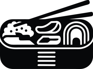 Japanese bento box meal with rice and noodles and chopsticks