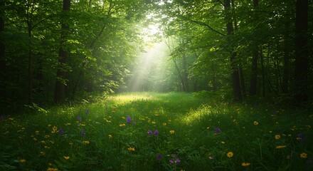 Fototapeta premium Sunbeams Shining Through Forest with Wildflowers in Meadow
