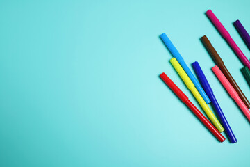 Colorful ink markers, set of drawing multicolored pencils