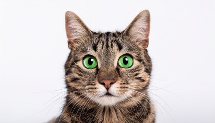Obraz premium tabby cat head with green eyes on a white background