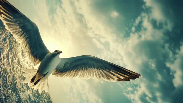 A seagull takes a flight over the ocean on a sunny day, with clouds in the sky.