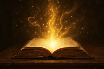 Ancient spellbook radiating mystical golden light creating magical atmosphere of enchantment wonder and supernatural knowledge discovery