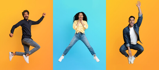 Three diverse individuals express pure joy as they jump against vibrant backgrounds. Their...