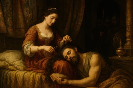 Biblical betrayal scene depicting Delilah cutting Samson's hair in ornate ancient chamber while Philistine soldiers wait in shadows