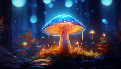 a luminous mushroom glows in the forest illuminated by electric blue and orange lights creating a magical and mystical atmosphere