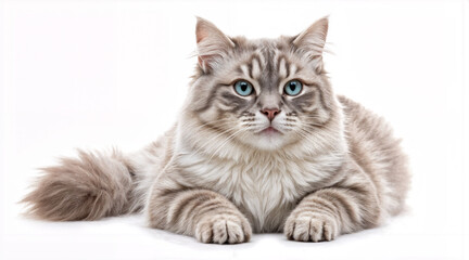 Obraz premium Fluffy grey cat with blue eyes lying on white background 