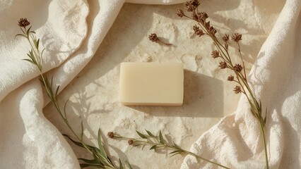Natural eco bar soap on a beige linen napkin with dried flowers. Minimalistic concept of organic skin care with soft sunlight, neutral tones and eco-friendly atmosphere.