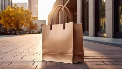 realistic paper shopping bag mockup with twisted handles and custom print on sidewalk