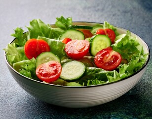 close up of fresh green salad with cherry tomatoes and cucumber slices
