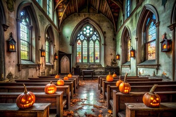 Obraz premium Carved pumpkins illuminate the interior of an old gothic church on halloween