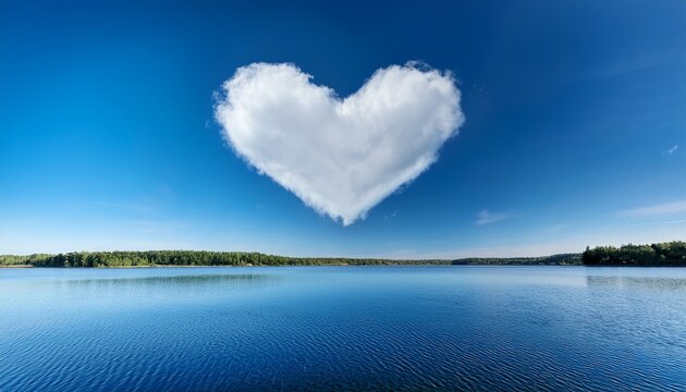 a heart shaped cloud floating in the clear blue sky above a calm lake