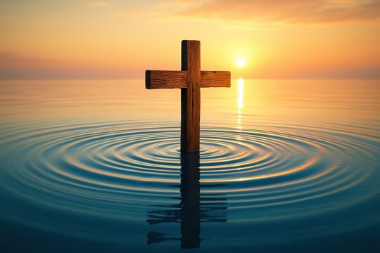 Rustic wooden cross rising mysteriously from calm blue water with gentle ripples creating profound symbol of baptism rebirth and spiritual cleansing
