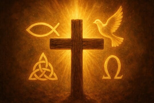 Sacred symbols floating around weathered cross with golden light representing holy faith divine presence and spiritual power manifestation