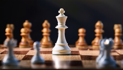 white king chess piece stands tall amidst blurred chess pieces in a strategic game of skill and intellect on a board
