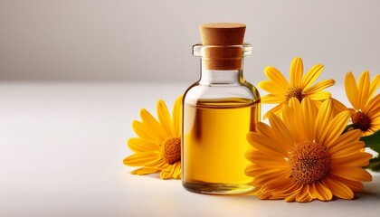 front view arnica flower with oil bottle on light surface skincare ingredient with copy space