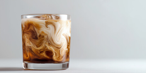 White russian cocktail with cream swirl, clear glas