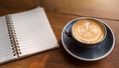 coffee cup with beautiful latte art next to an open empty notebook on wooden table in natural light