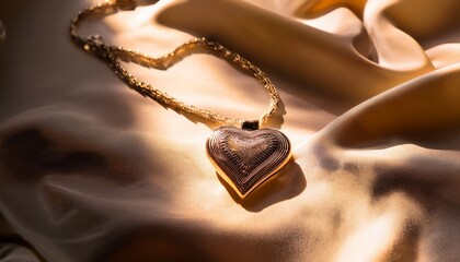 a heart shaped necklace placed on a piece of fabric with soft light casting shadows around it