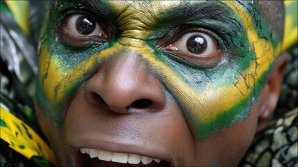 A person displays intense emotions with elaborate face paint in green and yellow, embodying the spirit of independence day in jamaica. The scene captures cultural pride and celebration