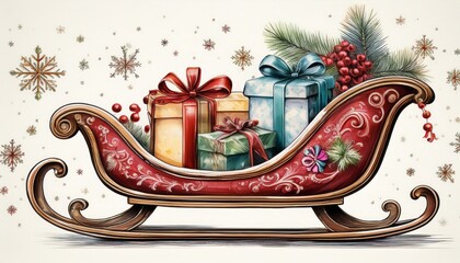 vintage sleigh with presents and snowflakes on white background