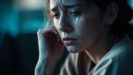 Woman in sadness quietly crying, depressive states of mind