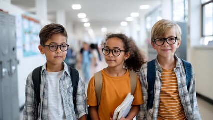 group of diverse elementary school children walking together in a bright school hallway, smiling and chatting while holding books and wearing backpacks, standing next to lockers decorated with artwork - Powered by Adobe