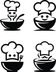 Four chef hat icons with bowls representing food and cooking