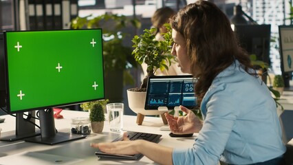 Employee at work having trouble with broken keyboard while using isolated screen PC. Office clerk...