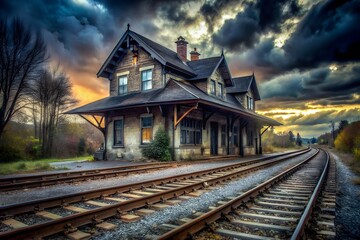 An old, spooky train station sits under a dramatic, stormy sky