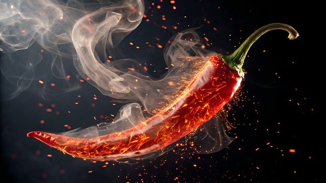 A red chili pepper formed from glowing embers and smoke trails