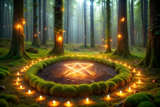 A mystical forest ritual is illuminated by a glowing pentagram and surrounding candles in a serene clearing