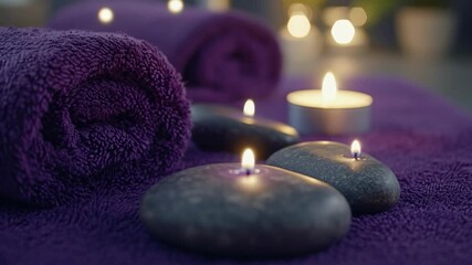 Rolled purple towels, dim lighting, pink candles on stones for a soothing spa experience. - Powered by Adobe