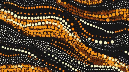 Abstract swirling pattern of orange and yellow dots on black background.