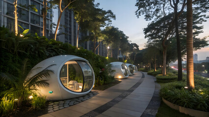 Modern futuristic pods nestled along a serene, winding pathway in a lush urban oasis at night