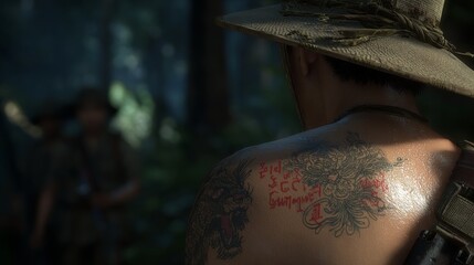 A close-up of a soldier's tattoos for spiritual protection. A powerful image of a warrior's spiritual protection through traditional tattoos.