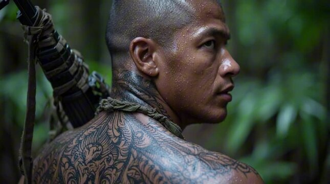 A close-up of a soldier's tattoos for spiritual protection. A powerful image of a warrior's spiritual protection through traditional tattoos.