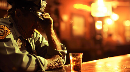 Crying police officer drinking in a pub