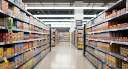 Supermarket aisle with shelves of products in a blurred background. A defocused perspective of a grocery store for retail concept designs.