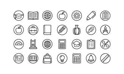  Large Education Line Icon Set – Books, School, Diploma, Pencil, Apple, Backpack, Calculator, Bell, Ruler, Online Class