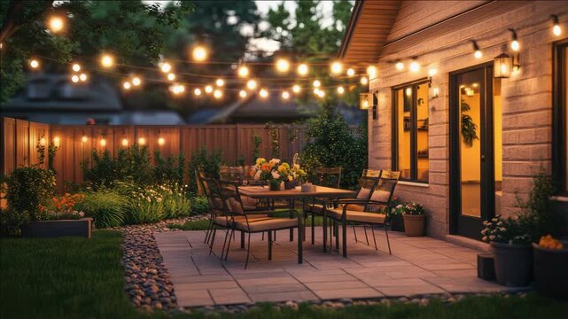 Backyard outdoor dining setup with patio furniture under fairy lights, creating a warm and inviting atmosphere for evening gatherings or garden parties.