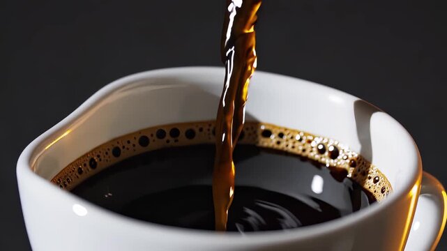 Rich black coffee pouring into white cup with bubbles