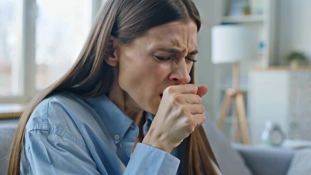 young woman coughing badly at home, cold, bronchitis