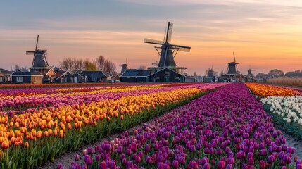 Dutch windmill landscape at sunset, vibrant tulip fields