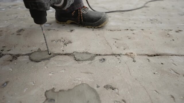 Construction worker removing deteriorating concrete with high-powered rotary hammer drill, demonstrating precision and physical effort during industrial renovation process