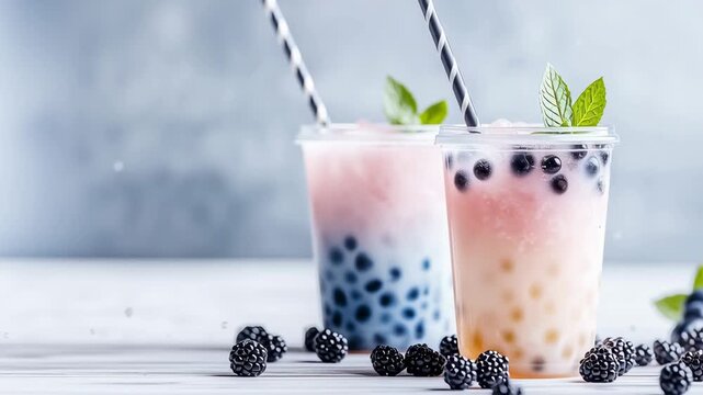 Two cups of bubble tea with colorful tapioca pearls and berries. Refreshing Asian drink on a light background.
