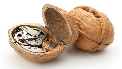 A walnut cracked open revealing mechanical insect wings folded inside