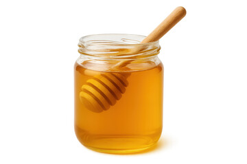 Honey dripping from wooden dipper into glass jar on transparent background