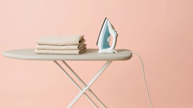 An iron positioned next to a neatly stacked pile of white laundry on an ironing board.
