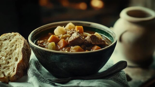 A bowl of meaty stew with potatoes, carrots and meat served on a table with rustic bread.